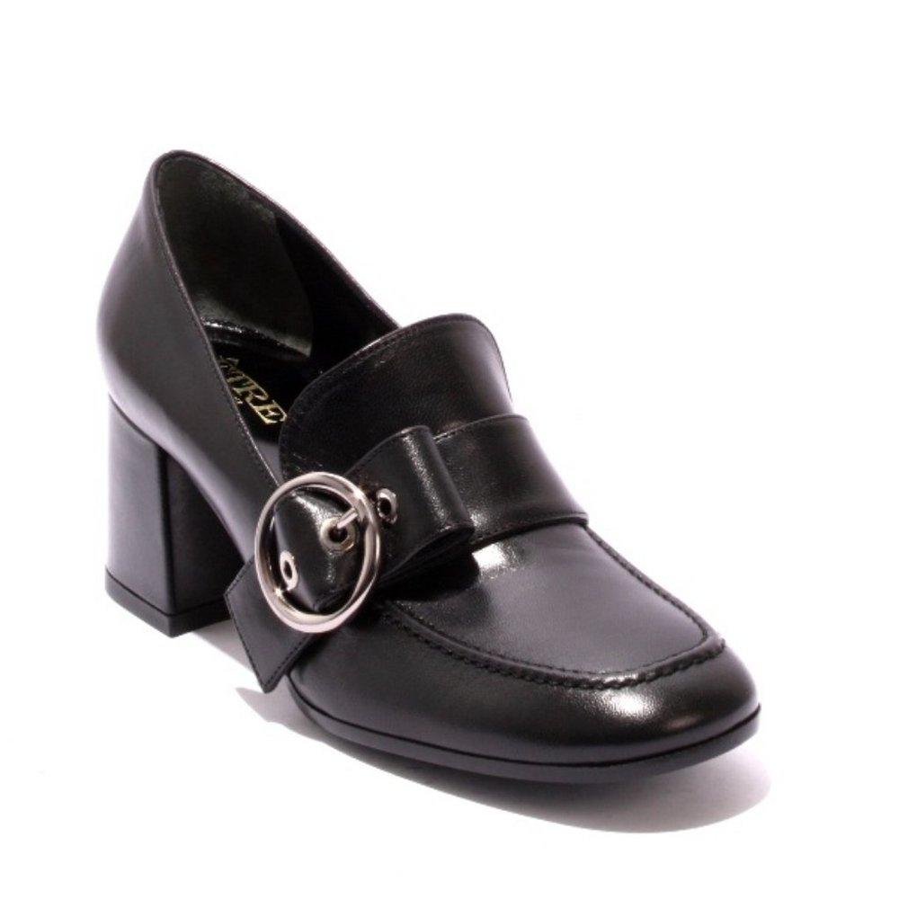 ITALIAN Black Leather Buckle Geometric Heel Shoe